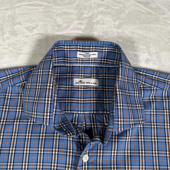Peter Millar Shirt Men Size L Blue Plaid Long Sleeve Single Pocket Button Up EUC - Picture 4 of 9